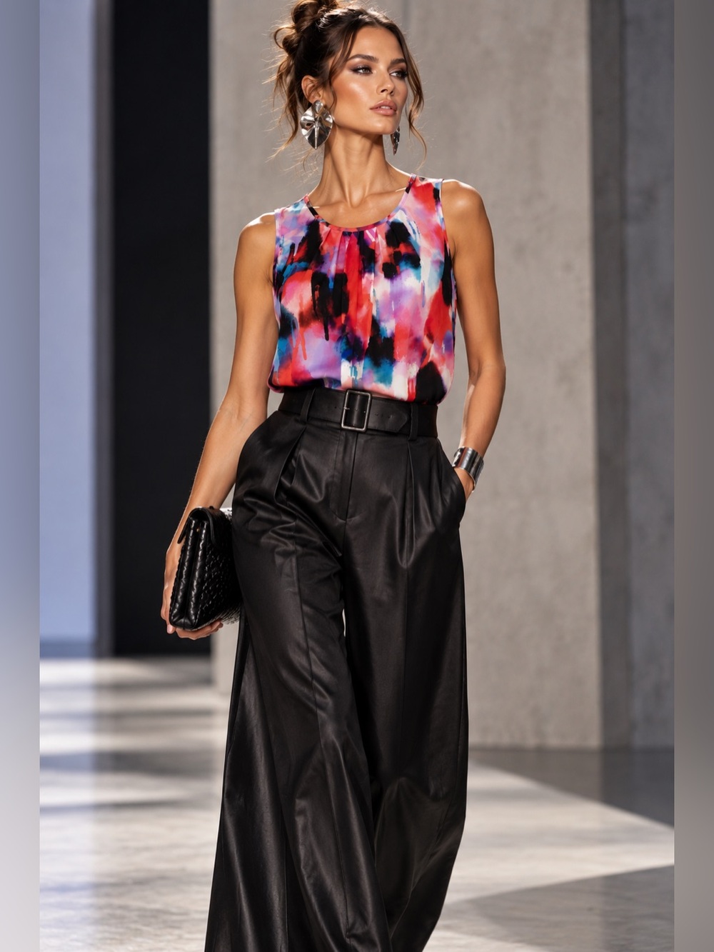 French Connection Sleeveless Pleated Blouse Women’s Sz 8 Abstract Watercolor Top